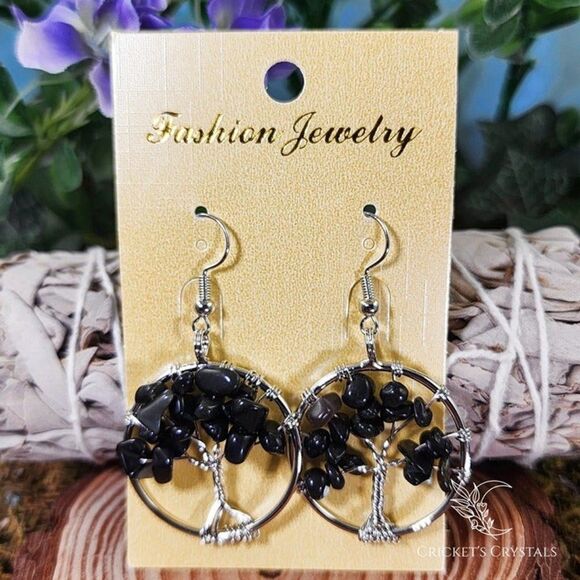Obsidian Tree of Life Earrings #5 - Picture 1 of 2